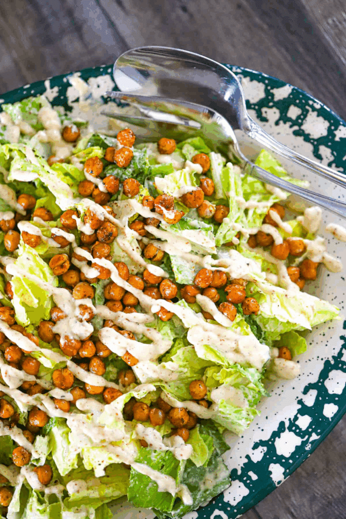 Creamy Vegan Caesar Salad with Roasted Chickpeas and Tahini Caesar Dressing Recipe