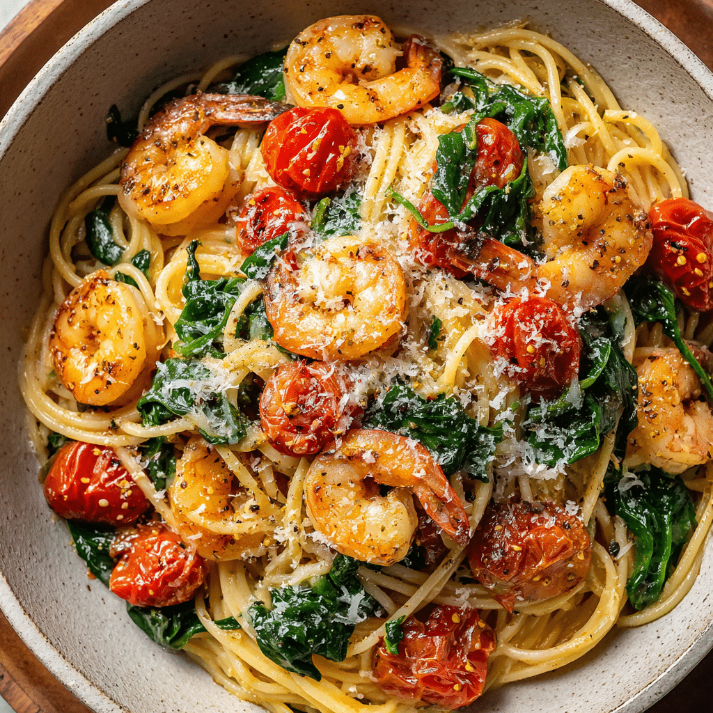 Tomato Spinach Shrimp Pasta