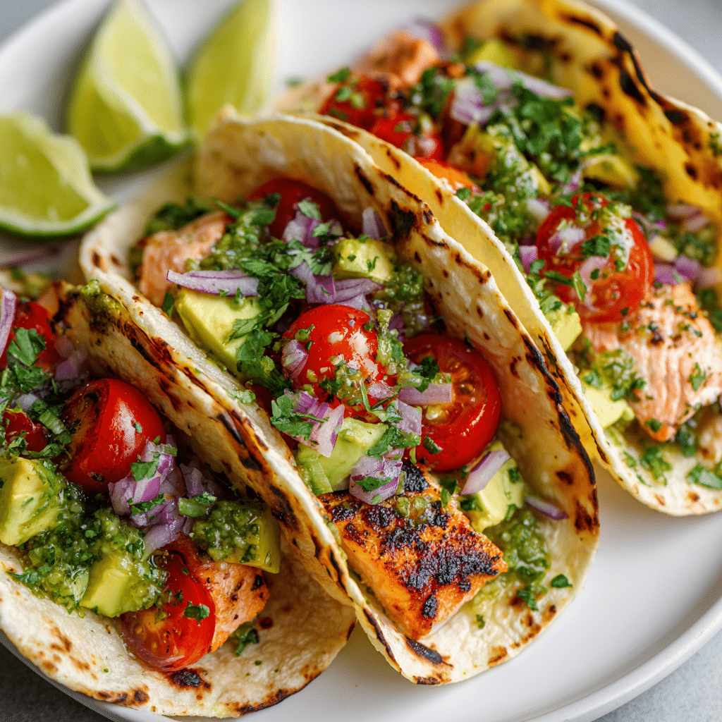 Grilled Salmon Tacos with Avocado Salsa