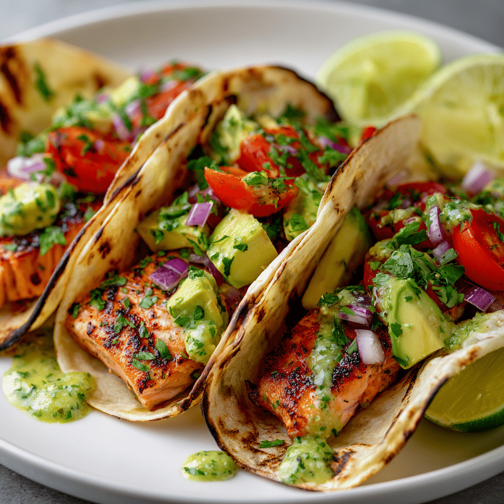 Grilled Salmon Tacos with Avocado Salsa
