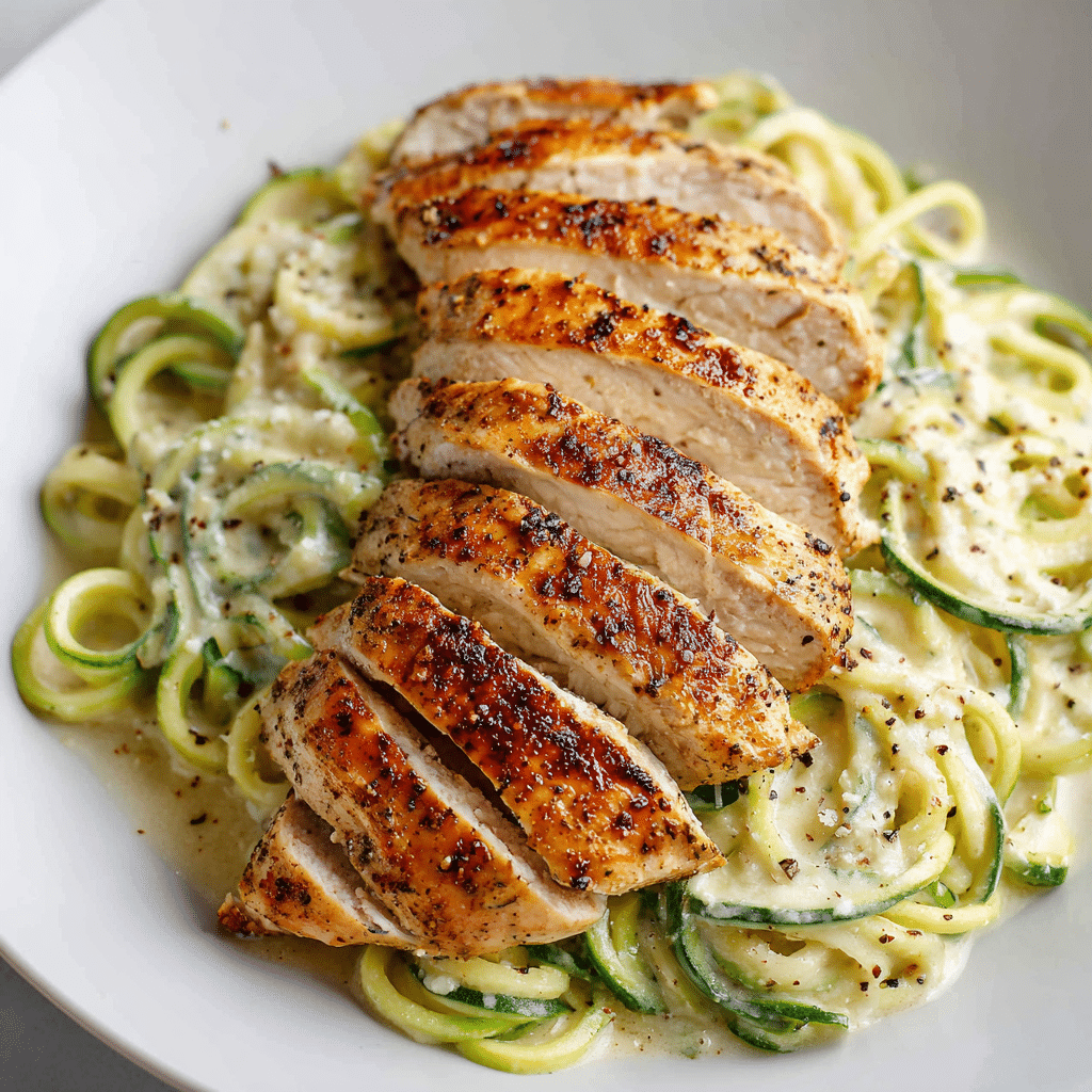 Easy Chicken and Creamy Alfredo Zoodles (Low Carb, Keto, Gluten-Free)