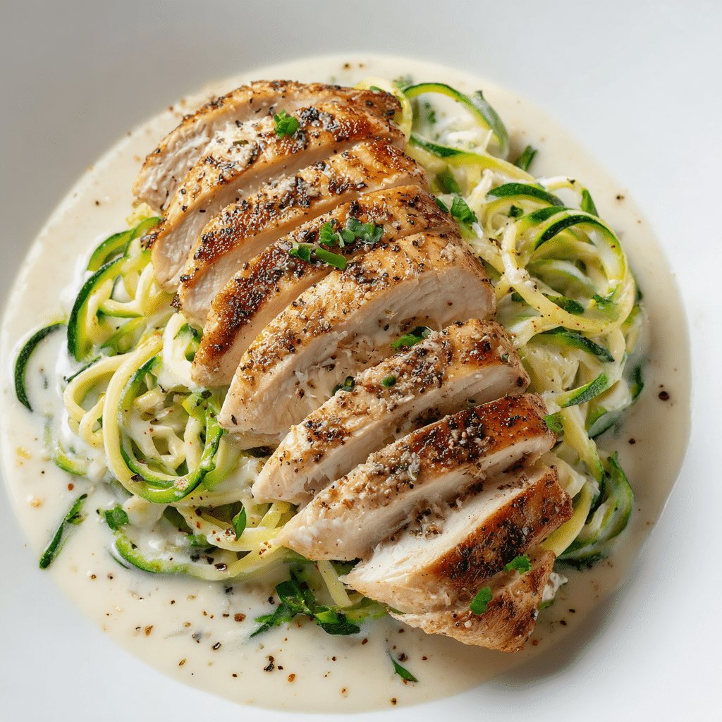 Easy Chicken and Creamy Alfredo Zoodles (Low Carb, Keto, Gluten-Free)