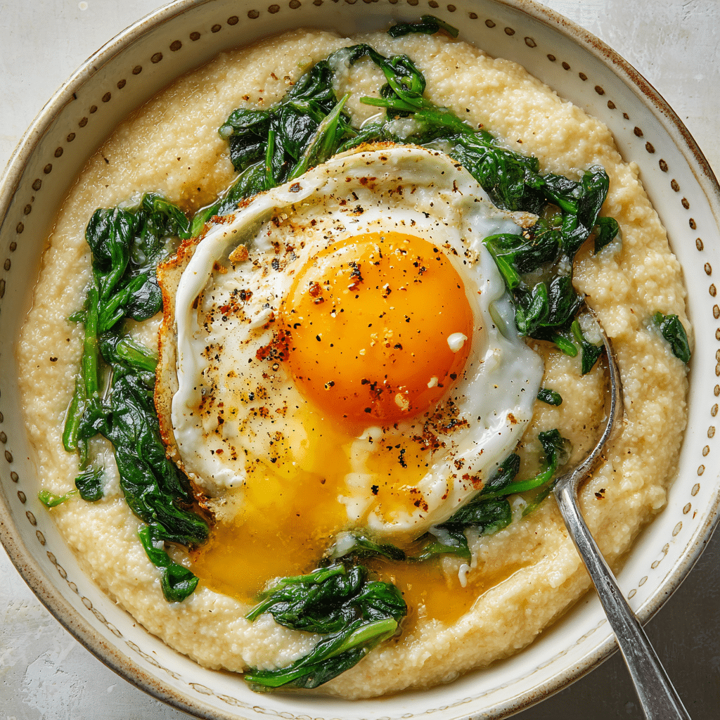 Cheesy Grits with Spinach and Fried Eggs
