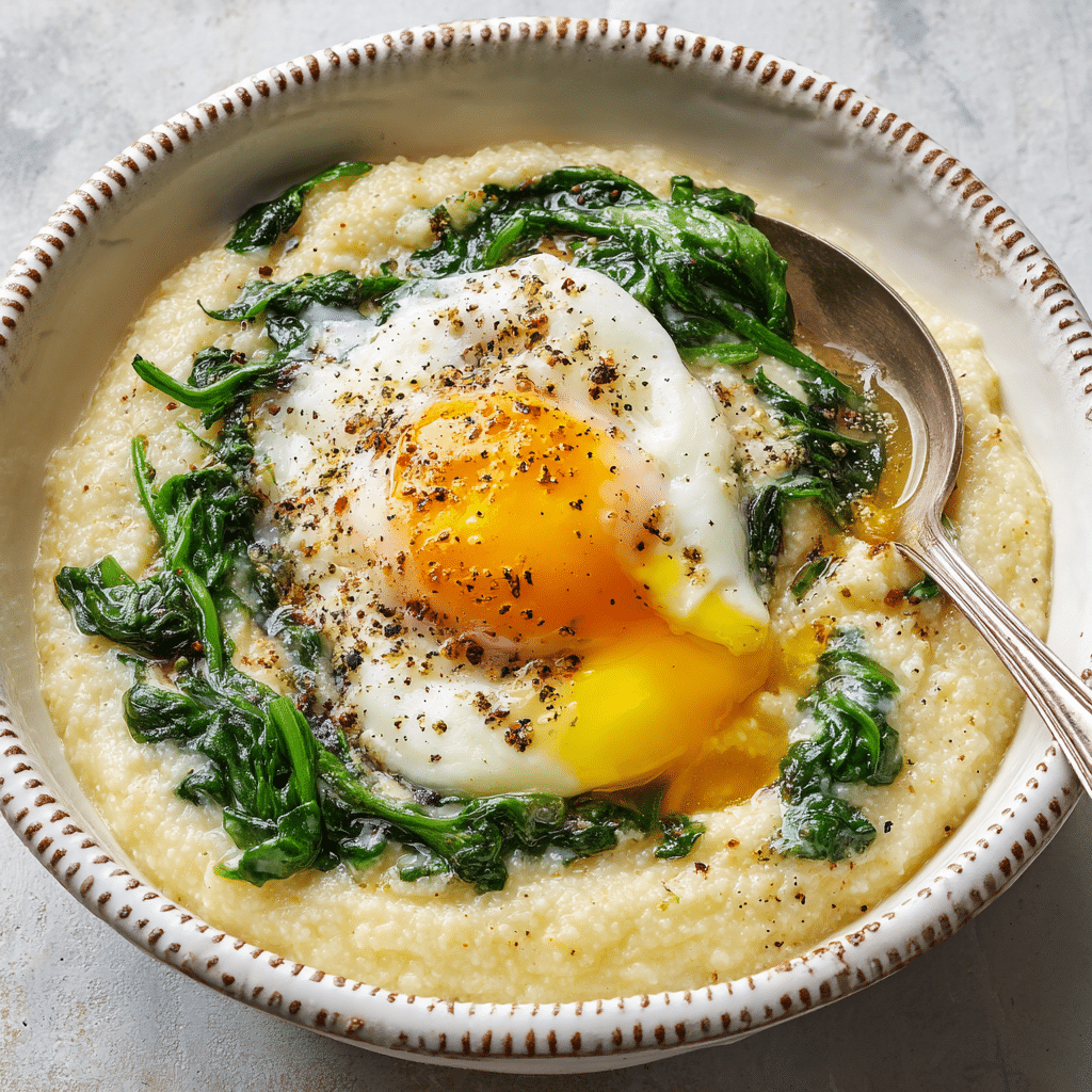 Cheesy Grits with Spinach and Fried Eggs