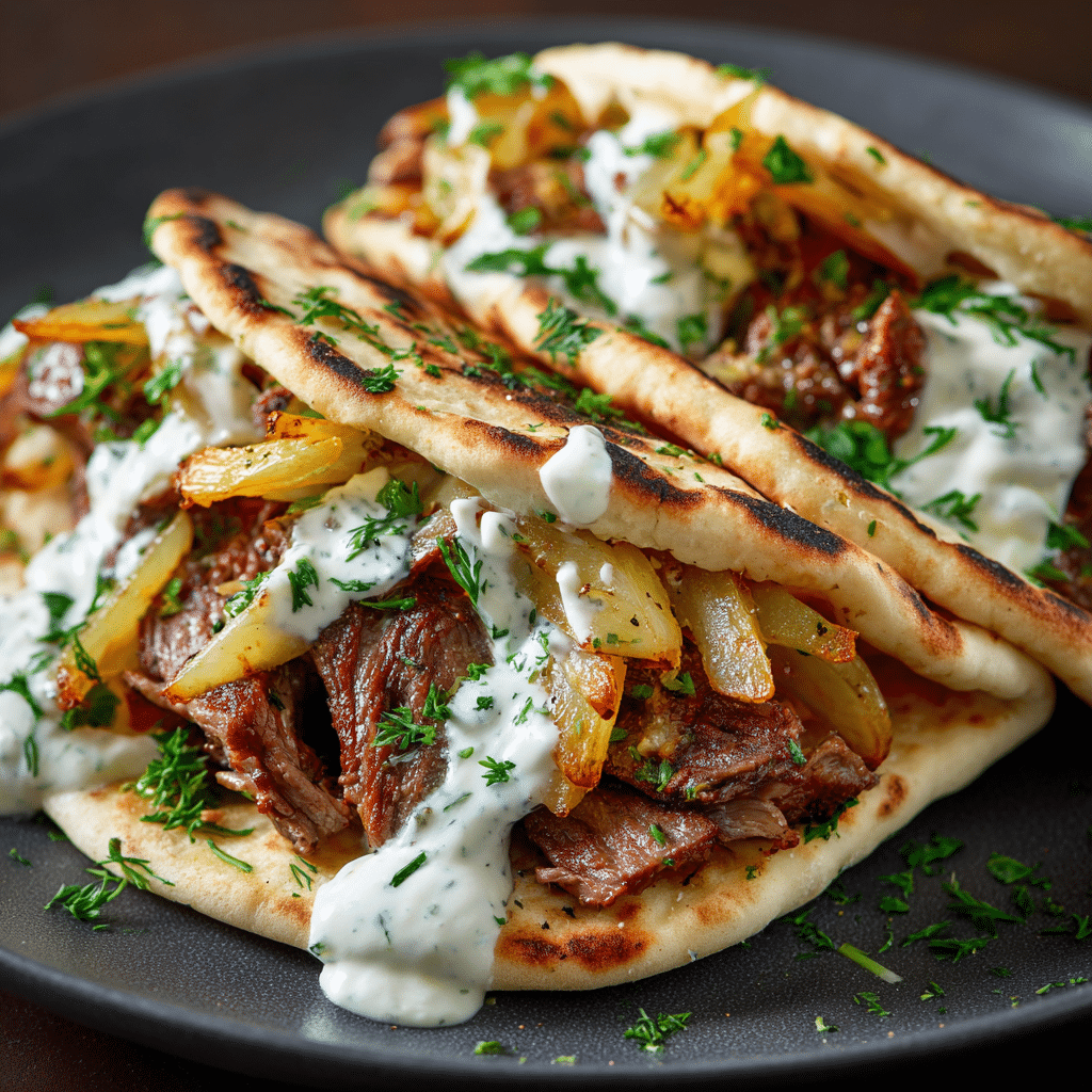 Cheesy Beef and Mushroom Pita Pockets with Tzatziki Sauce