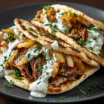 Cheesy Beef and Mushroom Pita Pockets with Tzatziki Sauce