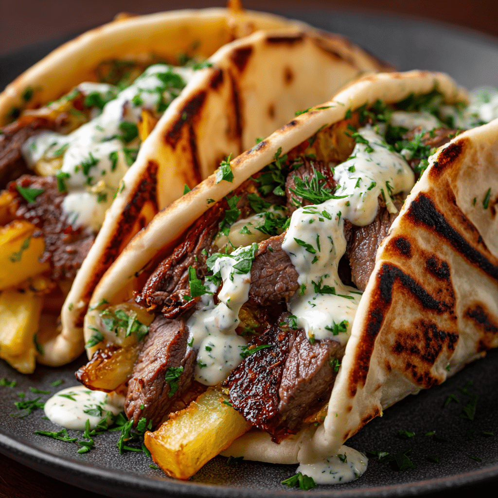 Cheesy Beef and Mushroom Pita Pockets with Tzatziki Sauce