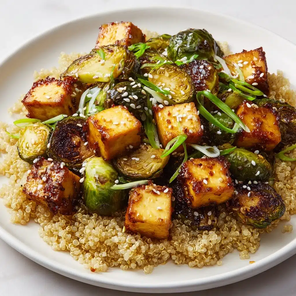 Roasted Brussels Sprouts and Crispy Tofu with Honey-Sesame Glaze Recipe - Recipe Image