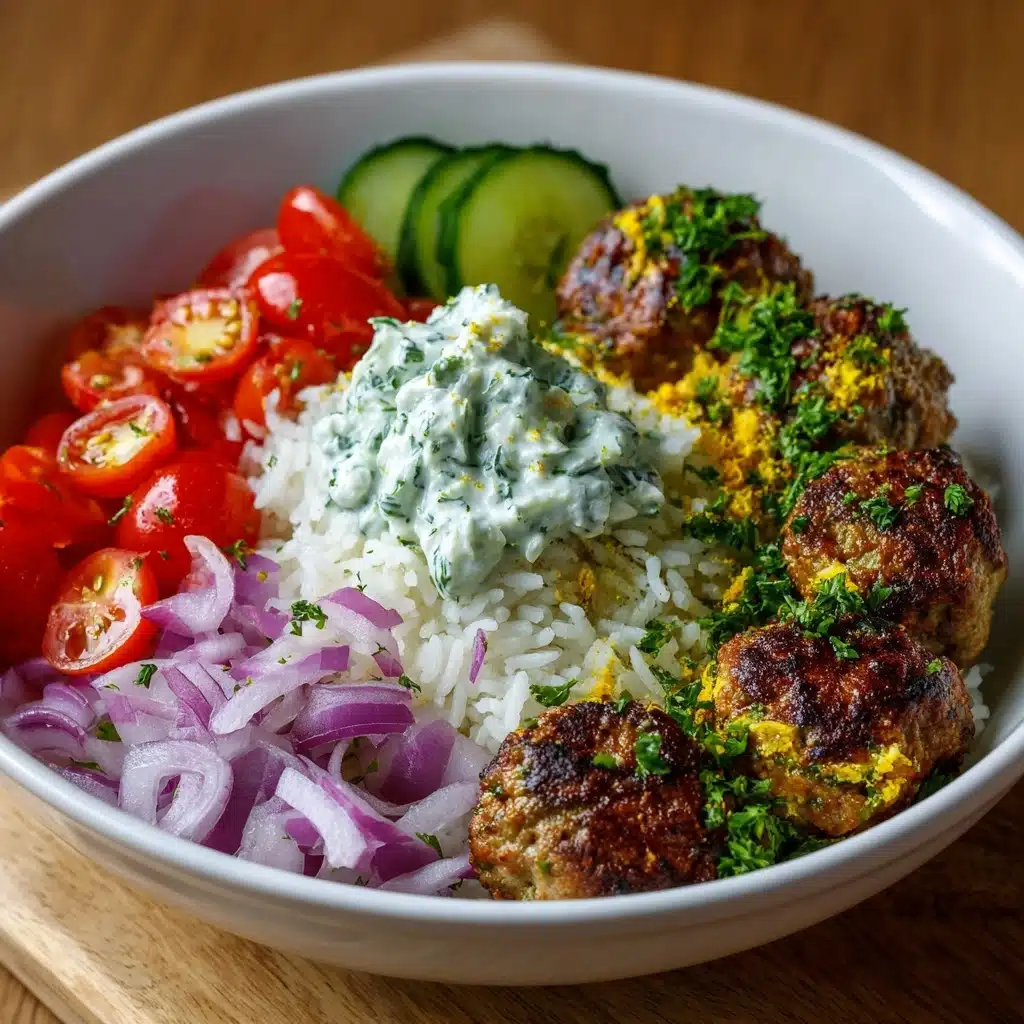 Greek Meatball Bowl with Tzatziki, Rice & Fresh Veggies Recipe
