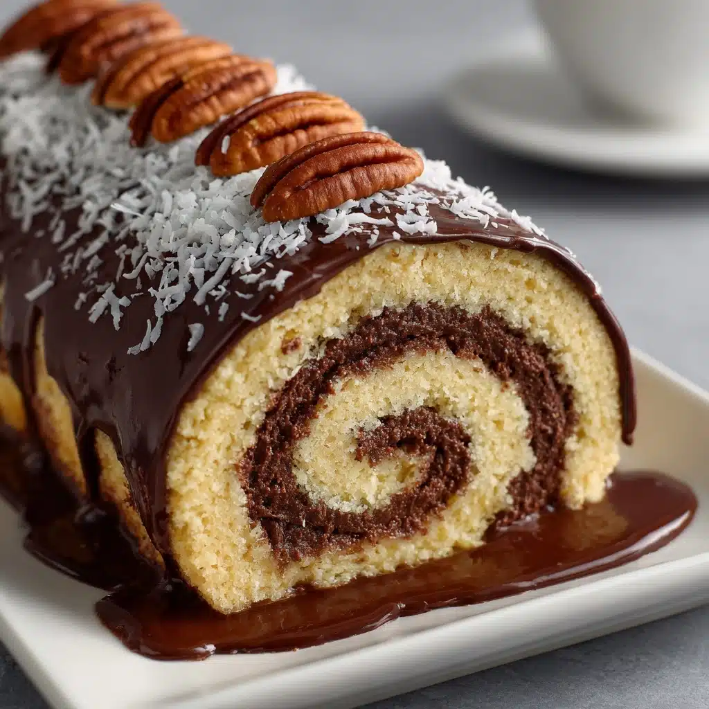 Decadent German Chocolate Coconut Pecan Roll Cake Recipe - Recipe Image