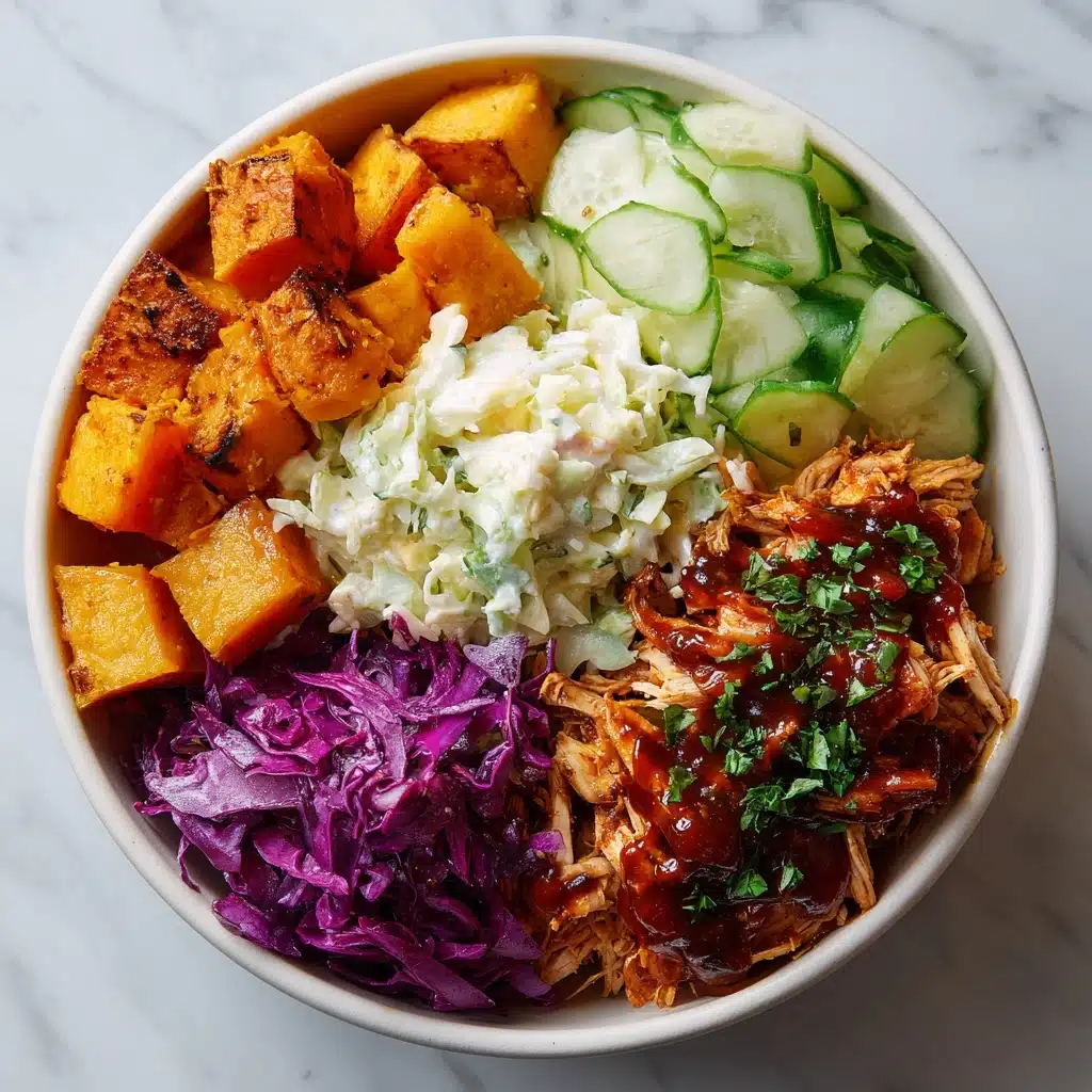BBQ Chicken Bowls with Sweet Potatoes, Coleslaw, and Pickles Recipe - Recipe Image