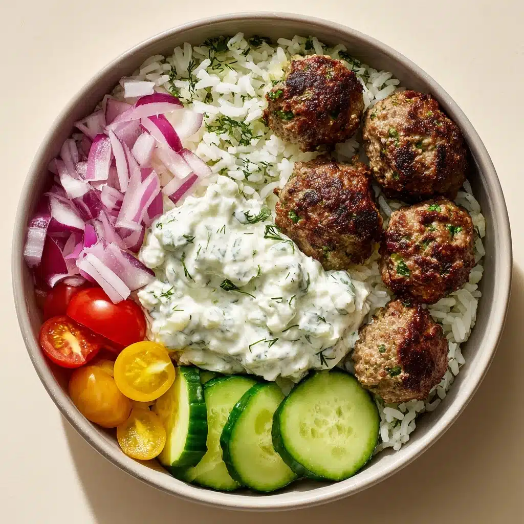 Greek Meatball Bowl with Tzatziki, Rice & Fresh Veggies Recipe - Recipe Image