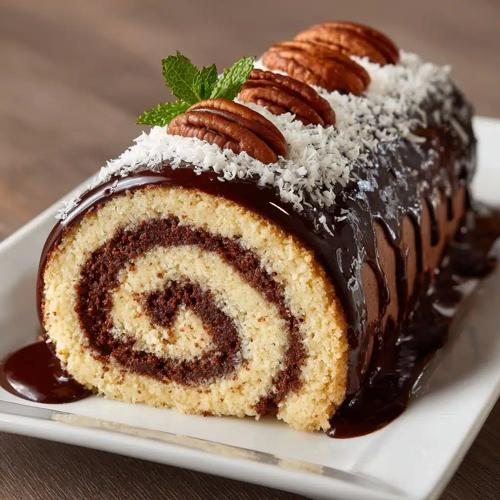Decadent German Chocolate Coconut Pecan Roll Cake Recipe - Recipe Image