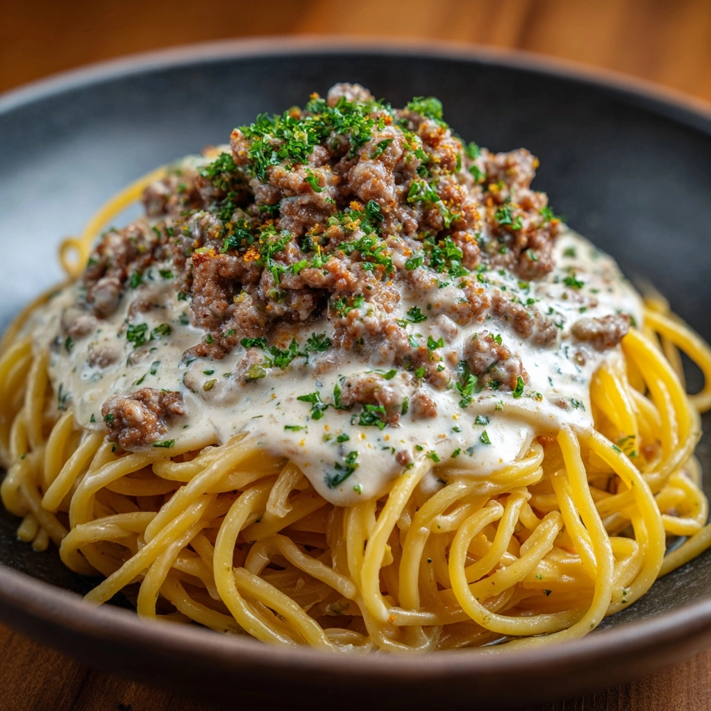 Cheesy Garlic Butter Linguine with Savory Ground Beef Recipe - Recipe Image