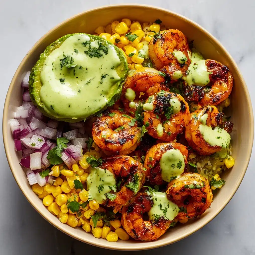 Grilled Shrimp Bowl with Avocado Corn Salsa and Creamy Sauce Recipe