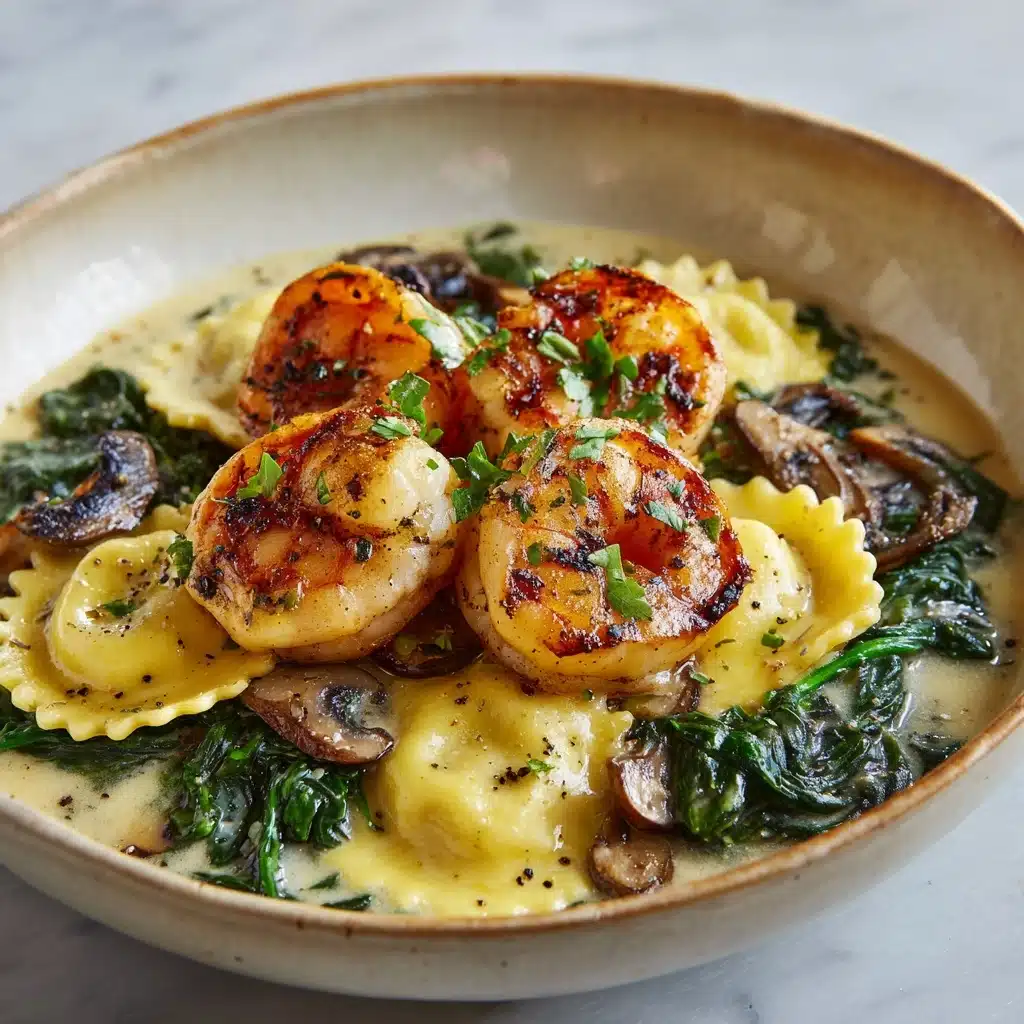 Ravioli with Seafood, Spinach & Mushrooms in Garlic Cream Sauce Recipe - Recipe Image
