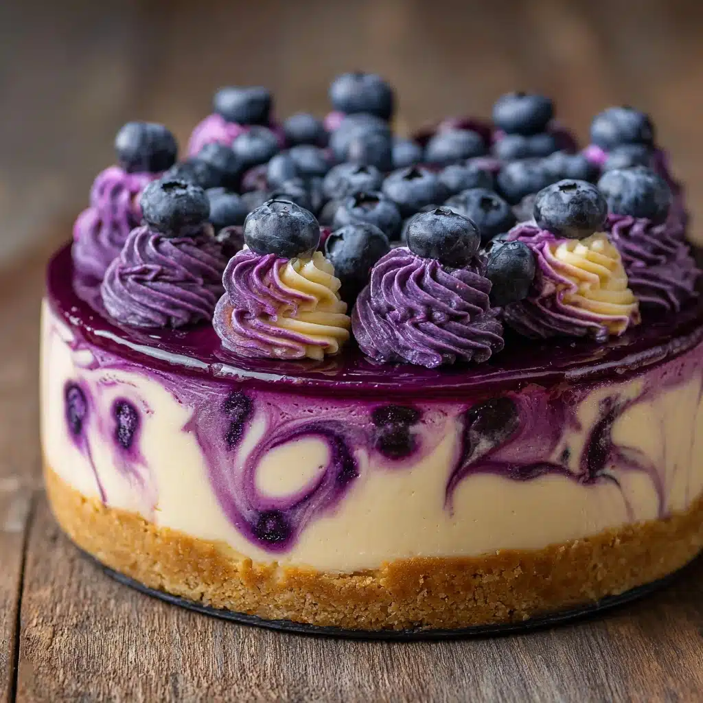 Elegant White Chocolate Blueberry Swirl Cheesecake Recipe - Recipe Image