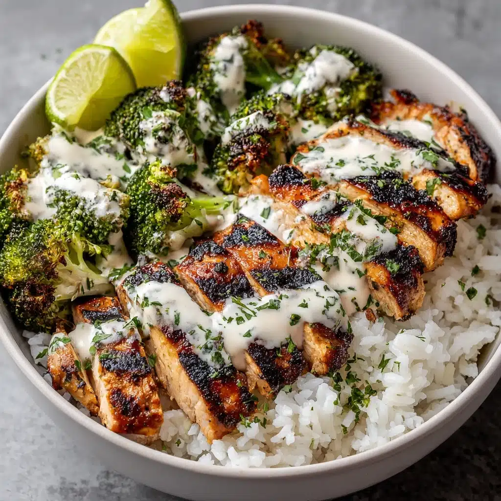Grilled Chicken & Broccoli Bowls with Creamy Garlic Sauce Recipe - Recipe Image