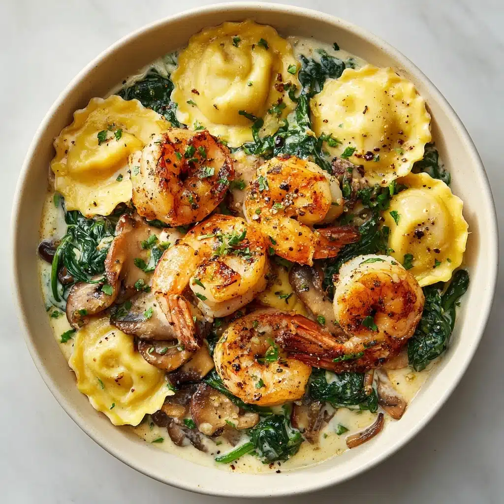 Ravioli with Seafood, Spinach & Mushrooms in Garlic Cream Sauce Recipe