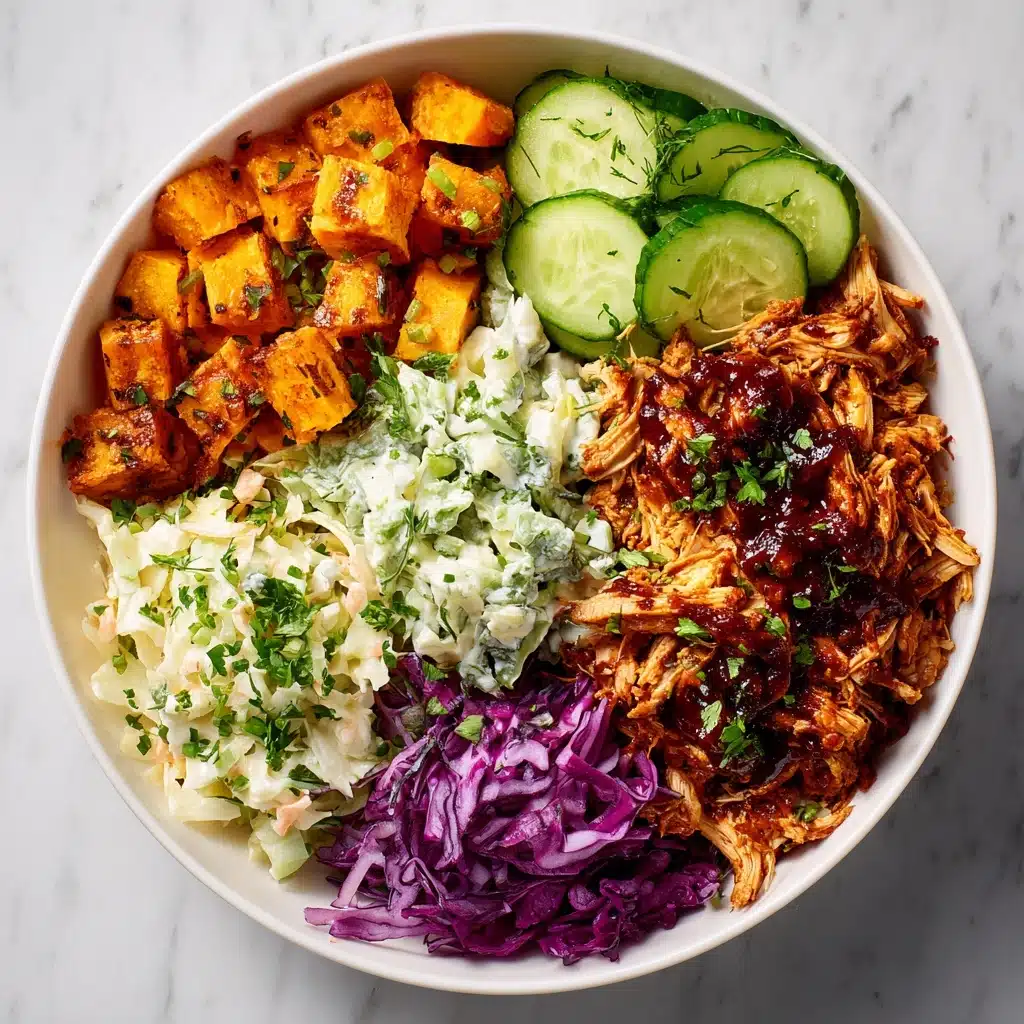 BBQ Chicken Bowls with Sweet Potatoes, Coleslaw, and Pickles Recipe - Recipe Image