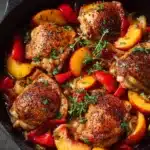 Skillet Roast Chicken with Peaches, Tomatoes, and Red Onion Recipe