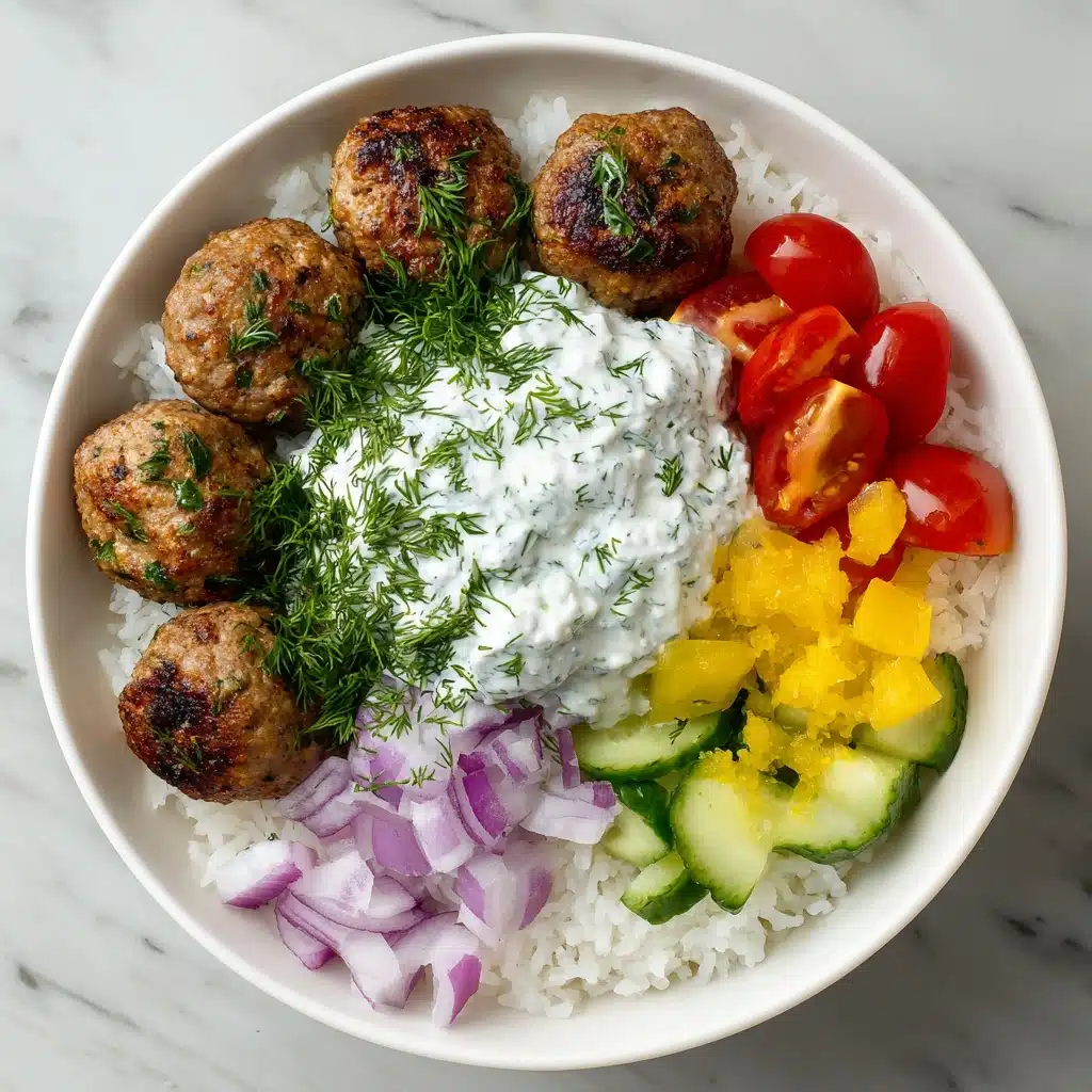 Greek Meatball Bowl with Tzatziki, Rice & Fresh Veggies Recipe - Recipe Image