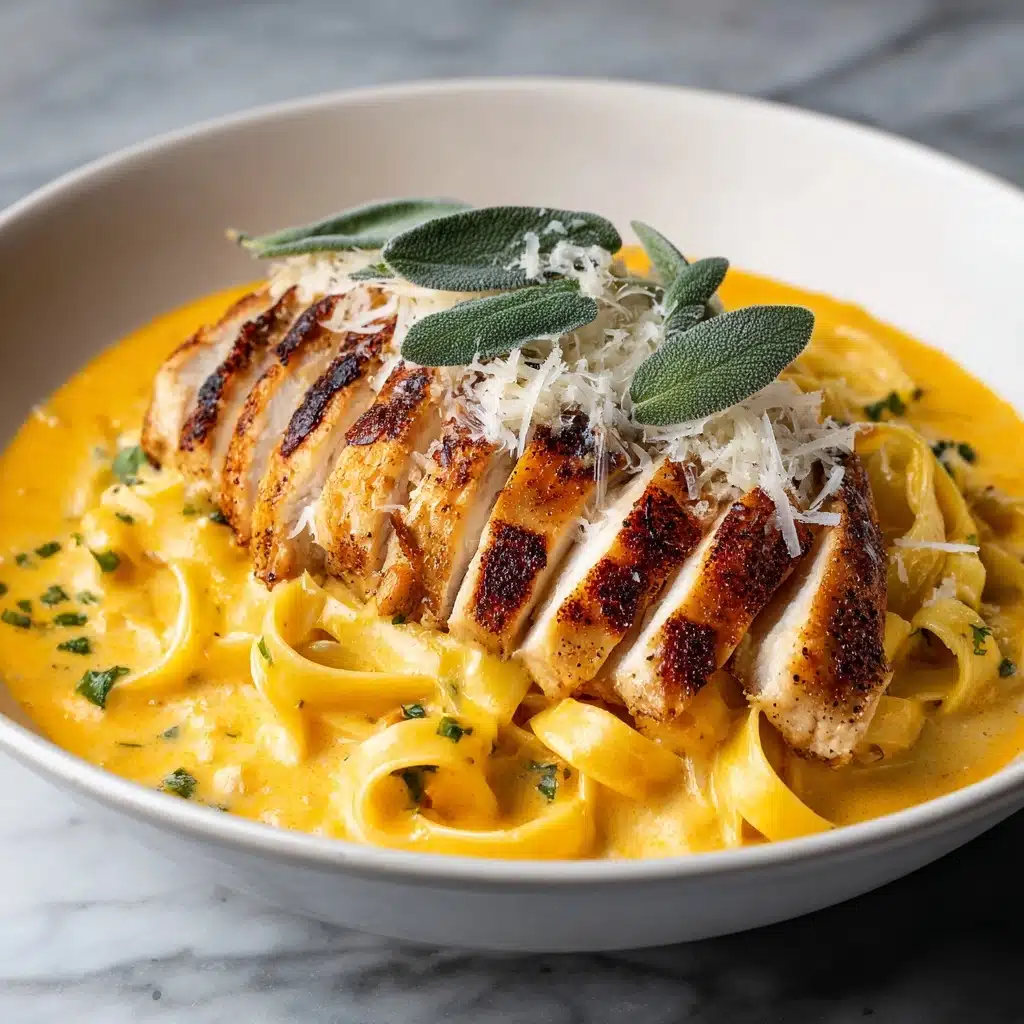 Pumpkin and Roasted Garlic Cream Sauce Fettuccine with Grilled Sage-Rubbed Chicken Recipe - Recipe Image