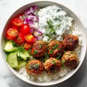 Greek Meatball Bowl with Tzatziki, Rice & Fresh Veggies Recipe