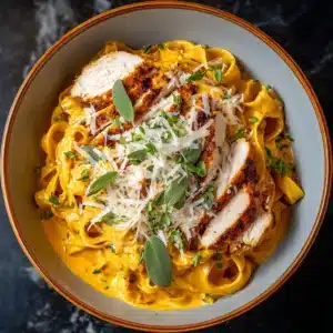 Pumpkin and Roasted Garlic Cream Sauce Fettuccine with Grilled Sage-Rubbed Chicken Recipe