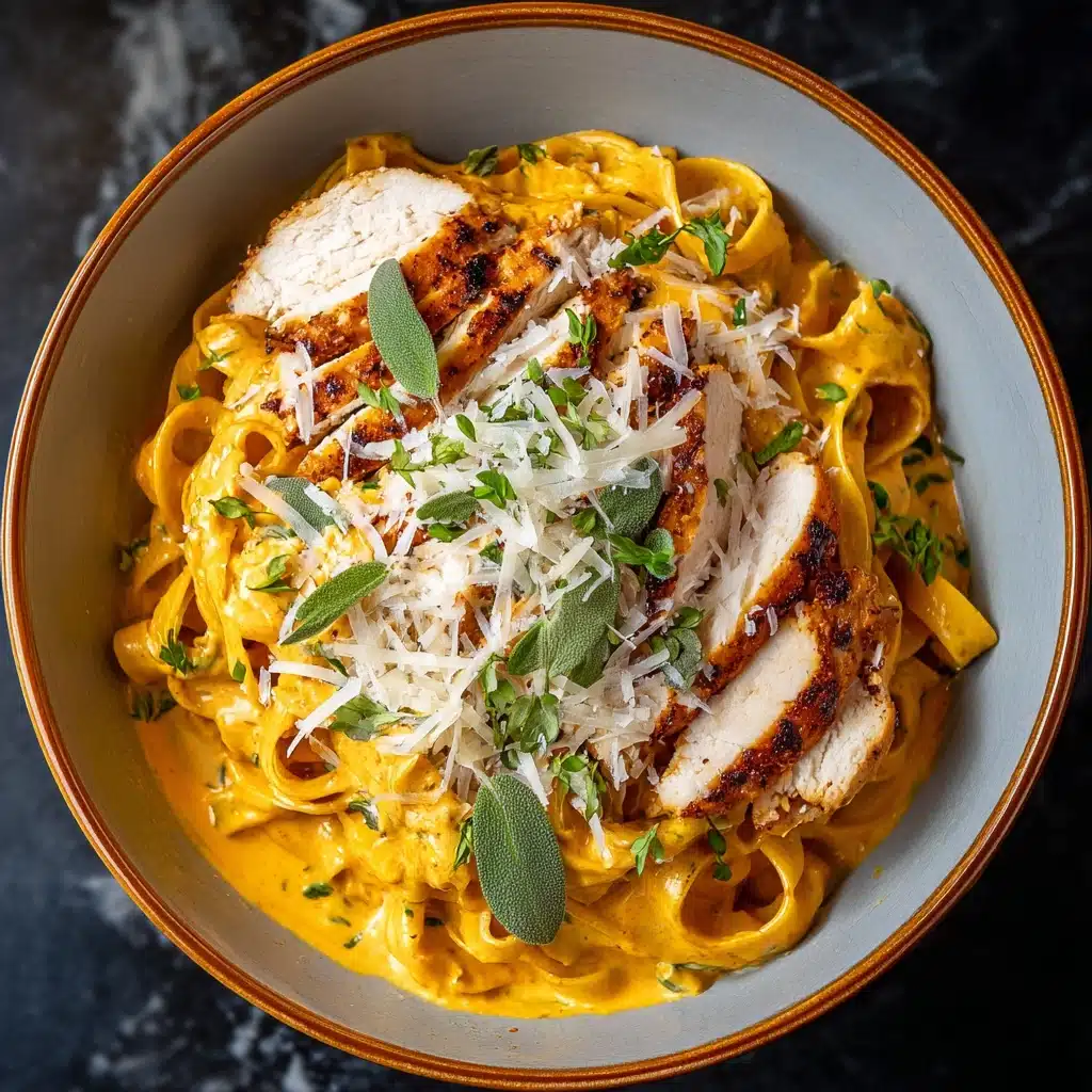 Pumpkin and Roasted Garlic Cream Sauce Fettuccine with Grilled Sage-Rubbed Chicken Recipe