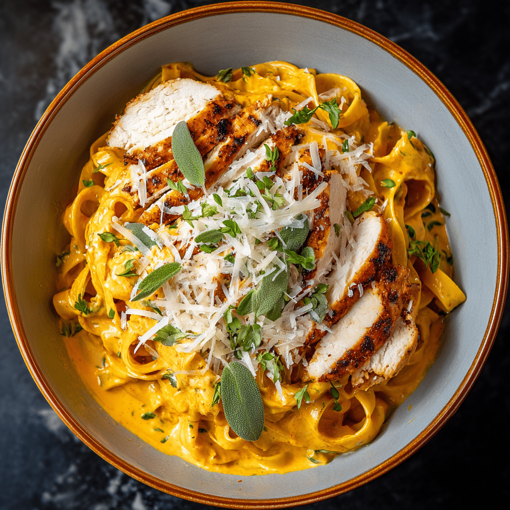 Pumpkin and Roasted Garlic Cream Sauce Fettuccine with Grilled Sage-Rubbed Chicken Recipe - Recipe Image