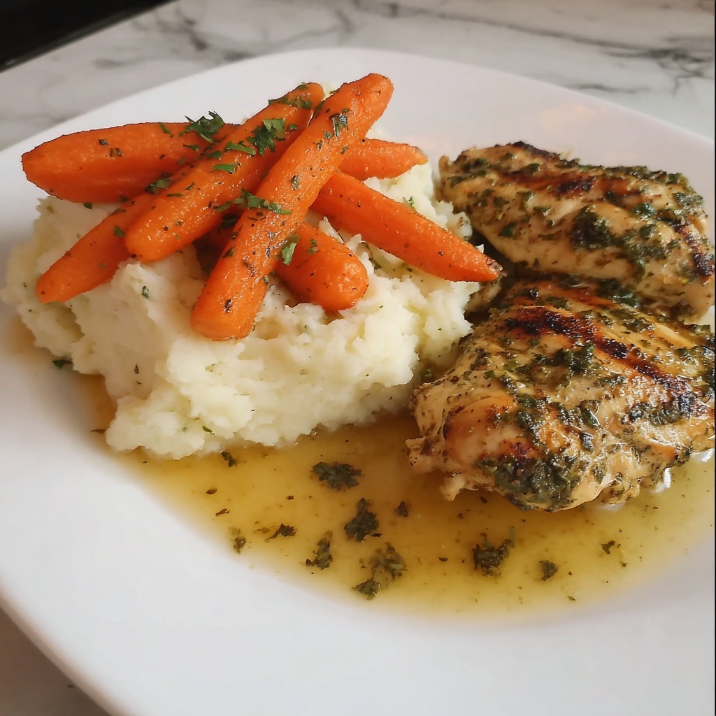Garlic Herb Chicken with Mashed Potatoes and Glazed Carrots Recipe - Recipe Image