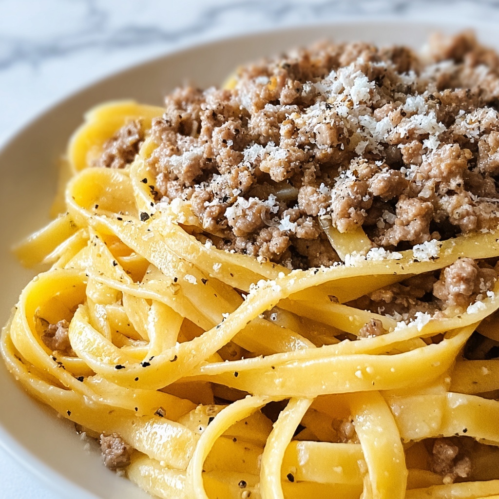 Cheesy Garlic Butter Linguine Pasta with Savory Ground Beef Recipe - Recipe Image