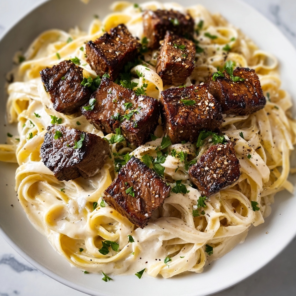Garlic Butter Steak Bites with Creamy Parmesan Pasta Recipe - Recipe Image