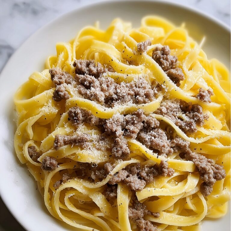 Cheesy Garlic Butter Linguine Pasta with Savory Ground Beef Recipe