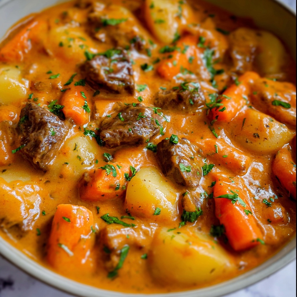 Oven Baked Beef Stew with Vegetables and Creamy Sauce Recipe - Recipe Image