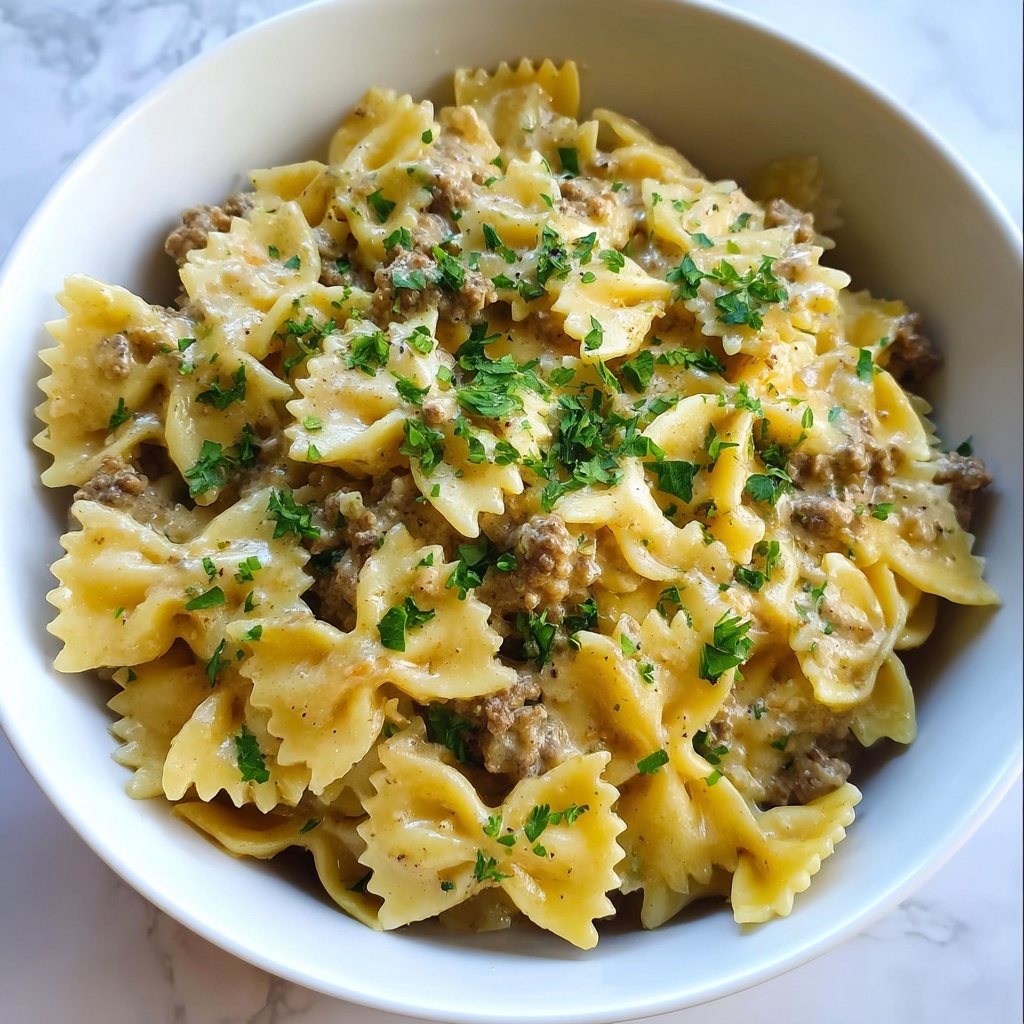 Creamy Parmesan Garlic Beef Bowtie Pasta Recipe - Recipe Image