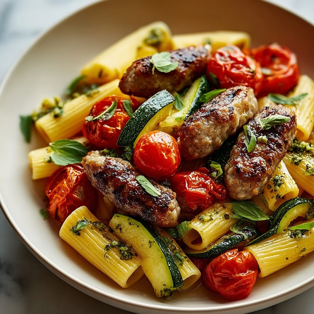 Chicken Sausages with Zucchini, Tomatoes, and Pasta Recipe - Recipe Image