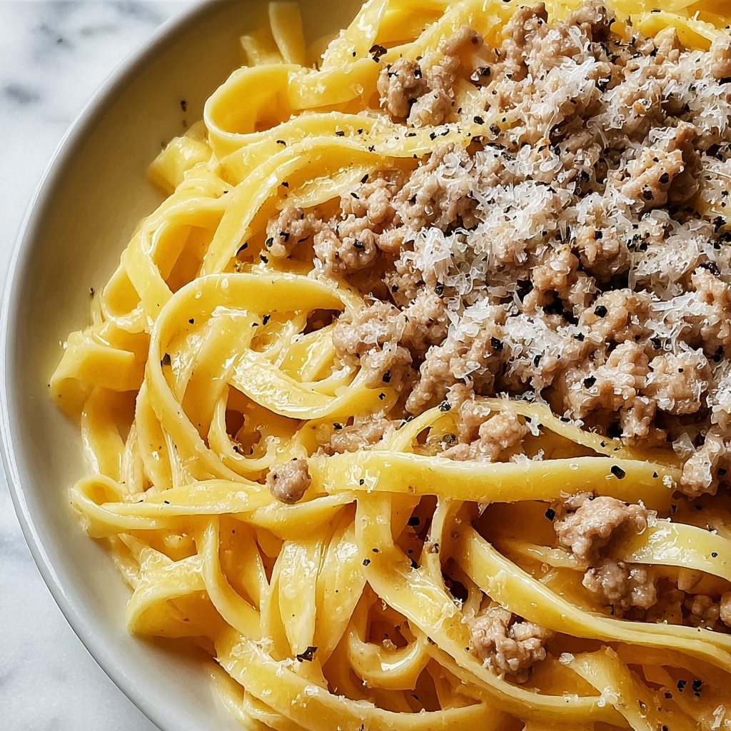 Cheesy Garlic Butter Linguine Pasta with Savory Ground Beef Recipe - Recipe Image